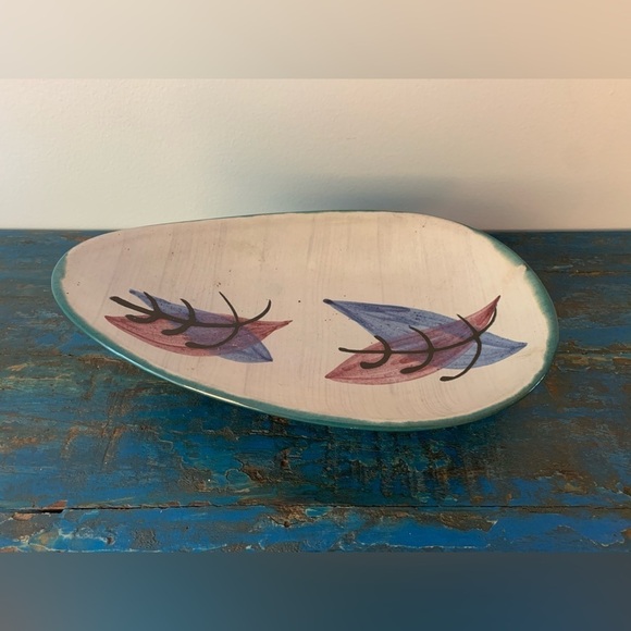 Pedestal Decorative Bowl Stamped W. Germany 1063-31 Vintage Turquoise Leaves - Picture 3 of 11